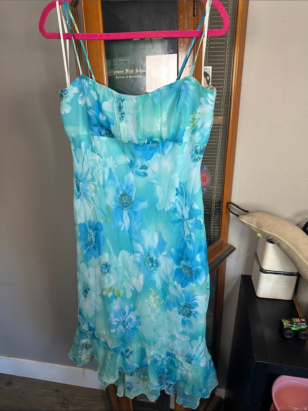 Aqua Blue Floral Midi Slip Dress with Ruffled Hem